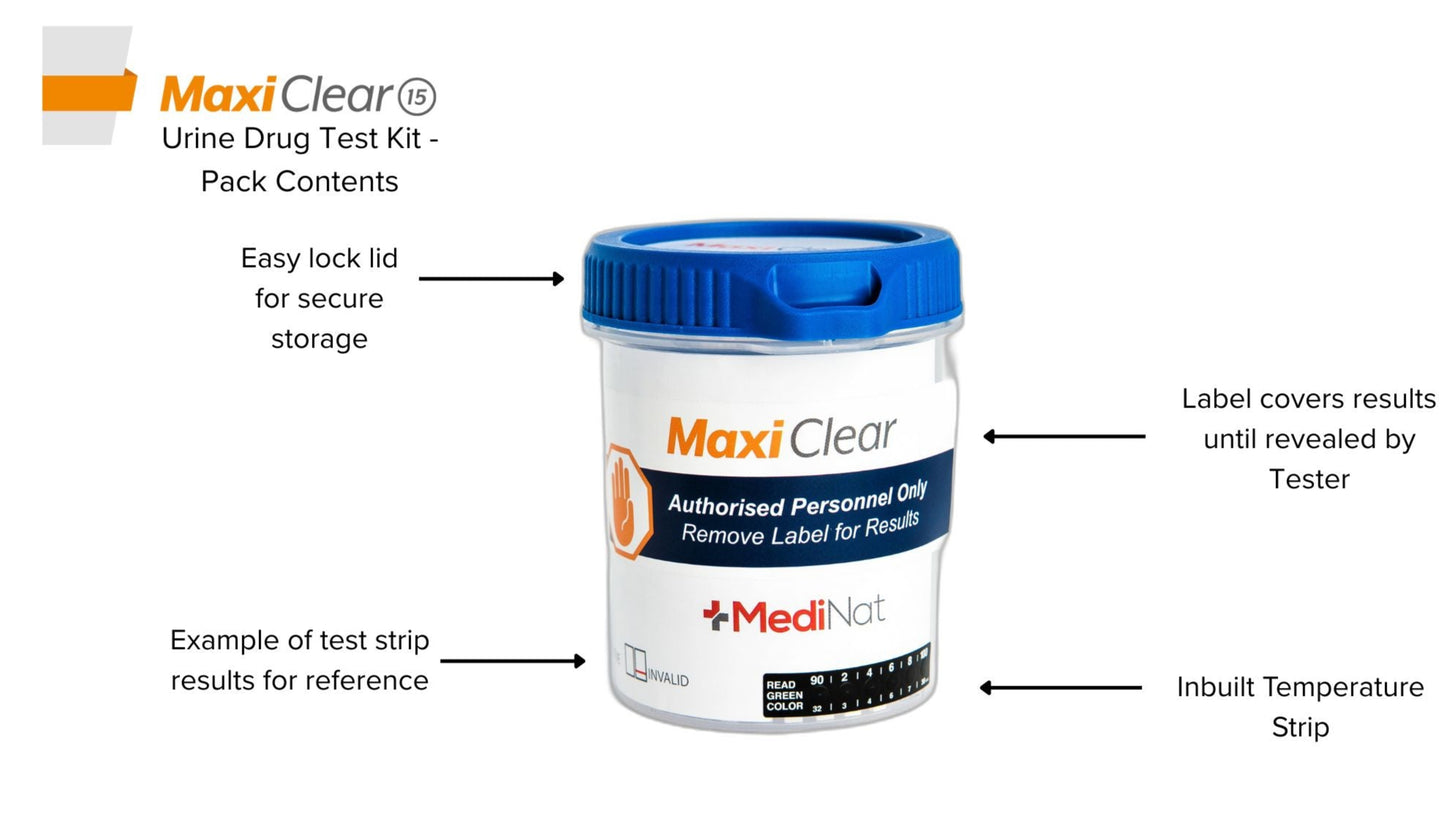 Maxi Clear 15 urine drug test cup pack contents