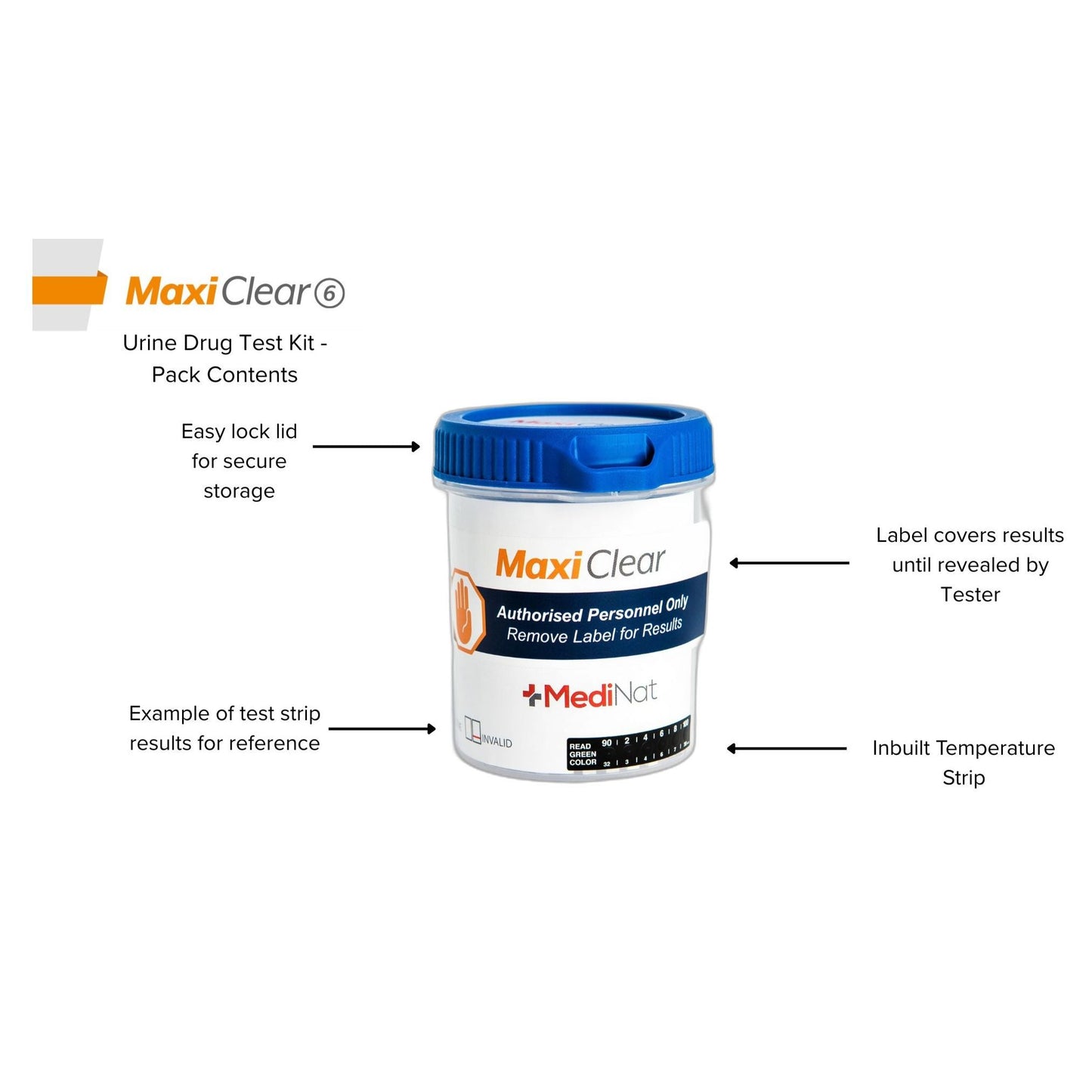Maxi Clear 6 urine drug test cup contents in pack