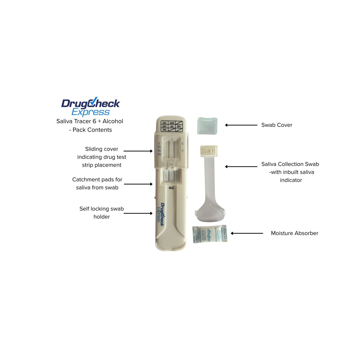 Saliva Tracer 6 oral drug test kit pack contents
