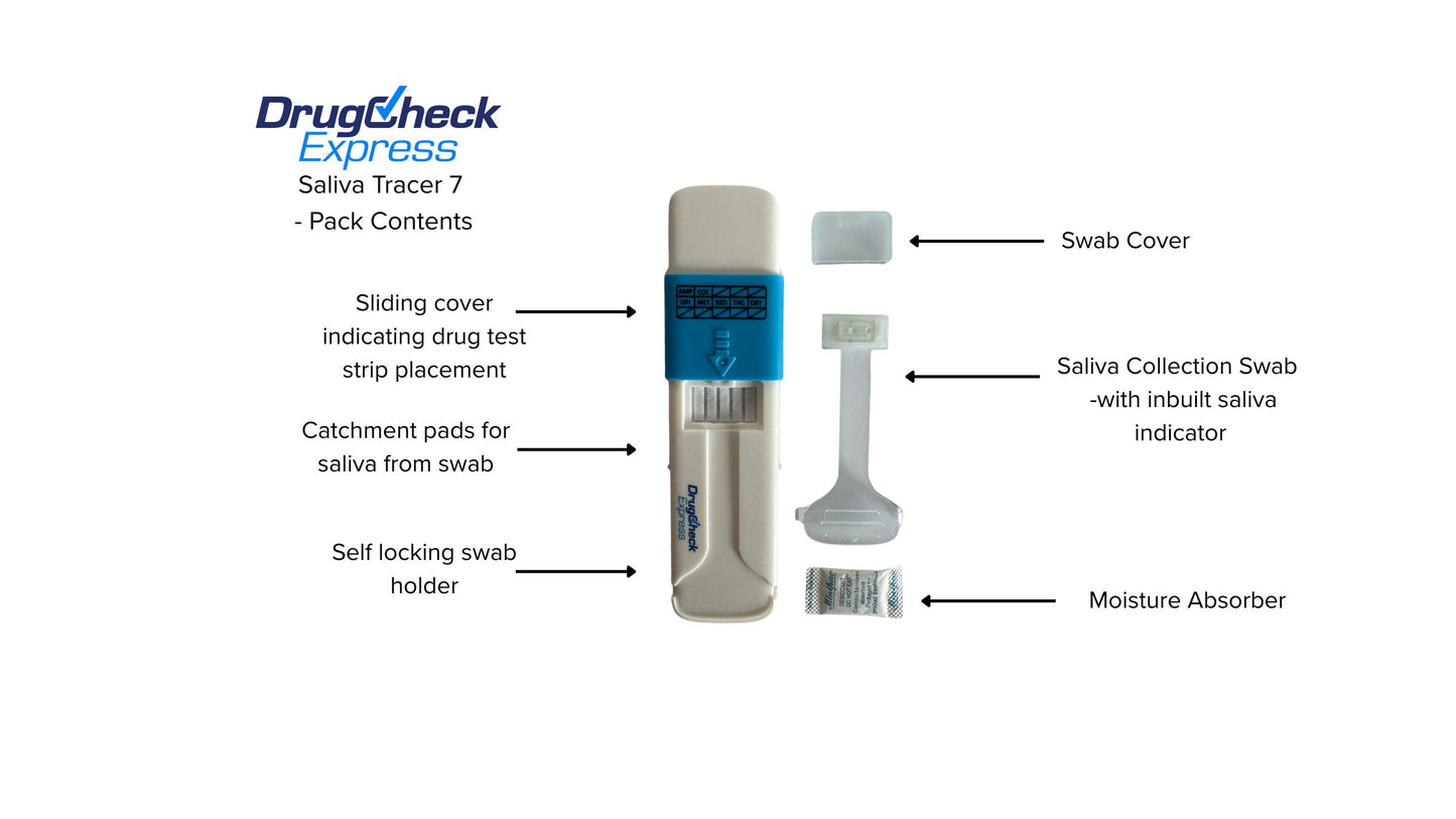 Saliva Tracer 7 oral drug test kit pack contents