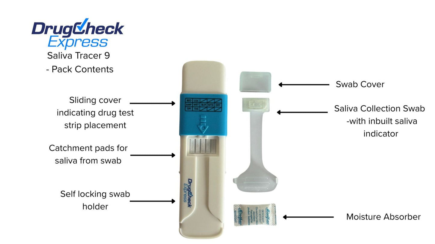 Saliva Tracer 9 oral drug test kit pack contents