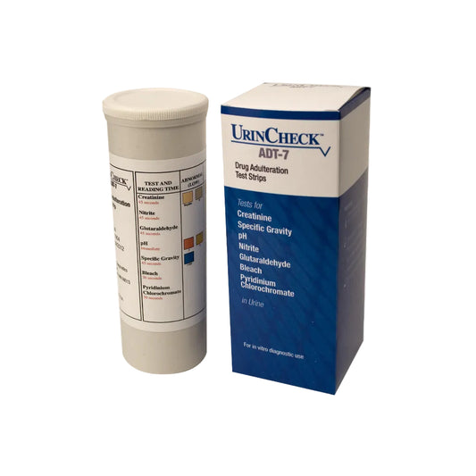 UrinCheck ADT-7 drug adulteration test strips with container on a white background