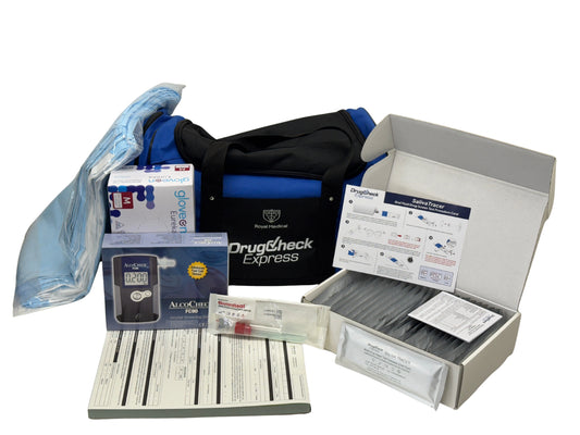 Drug testing kit with various components on a white background