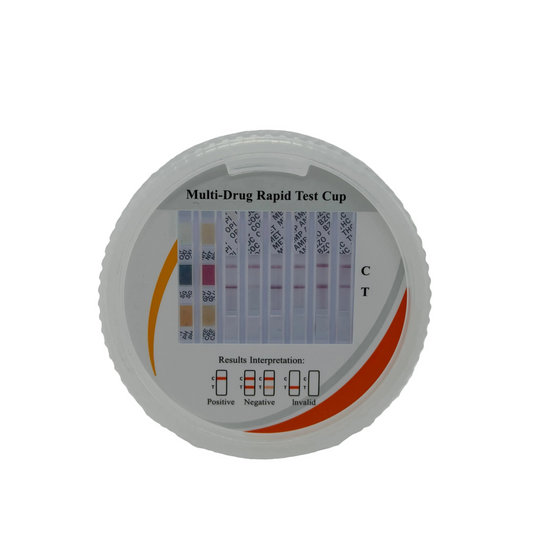 Multi-Drug Rapid Test Cup with results interpretation on a white background