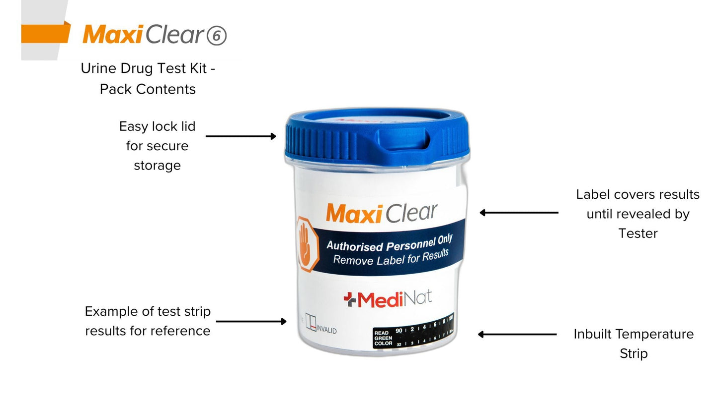 Maxi Clear 6 urine drug test cup contents in pack