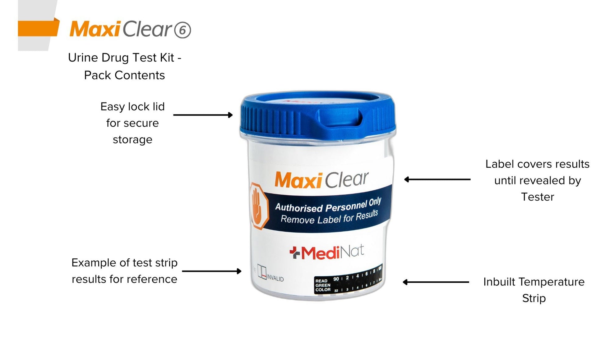 Maxi Clear 6 urine drug test cup contents in pack