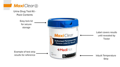 Maxi Clear 6 urine drug test cup contents in pack
