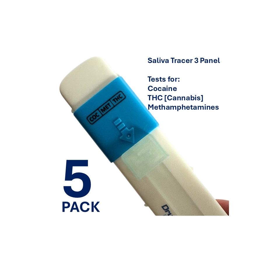 Pack of 5 Saliva Tracer Drug Test kits detecting Methamphetamines, THC and Cocaine