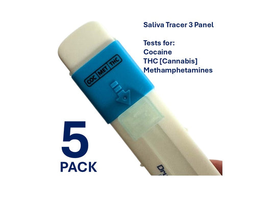 Pack of 5 Saliva Tracer Drug Test kits detecting Methamphetamines, THC and Cocaine