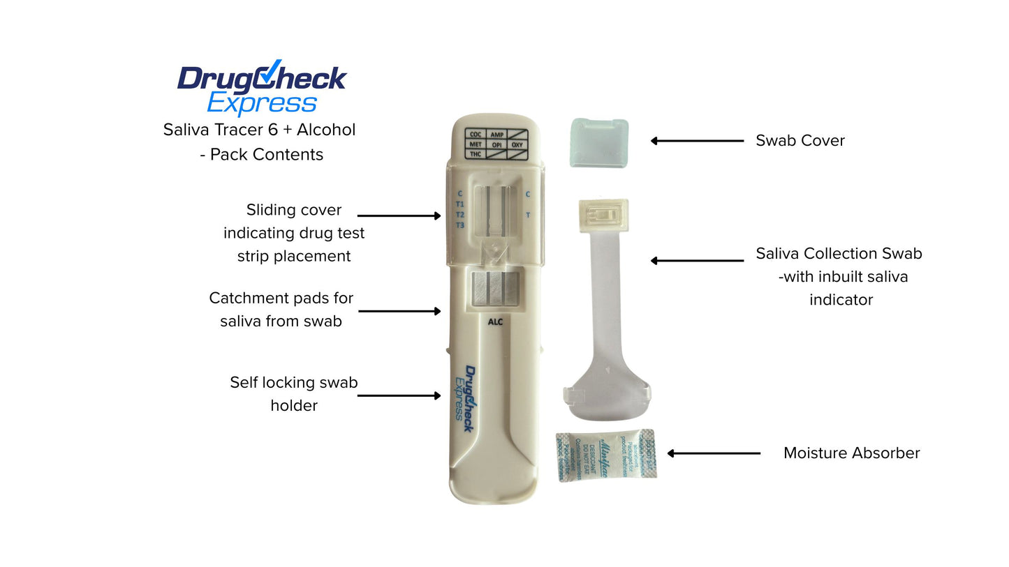 Saliva Tracer 6 oral drug test kit pack contents