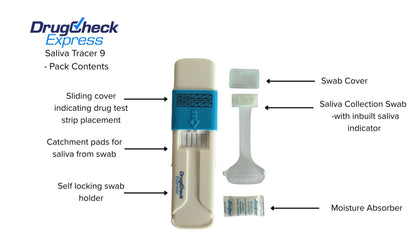 Saliva Tracer 9 oral drug test kit pack contents