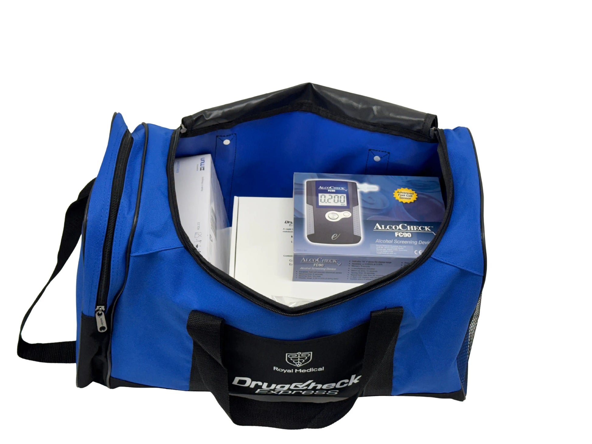 Blue carrying bag with medical equipment on a white background
