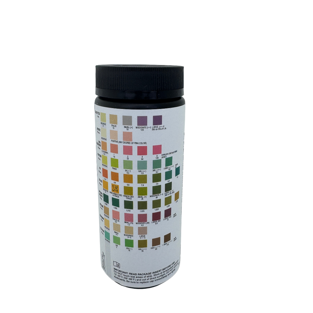 Bottle with a color chart on a white background