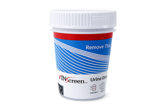 VinScreen 6-panel urine drug test cup, sealed and ready for use before testing