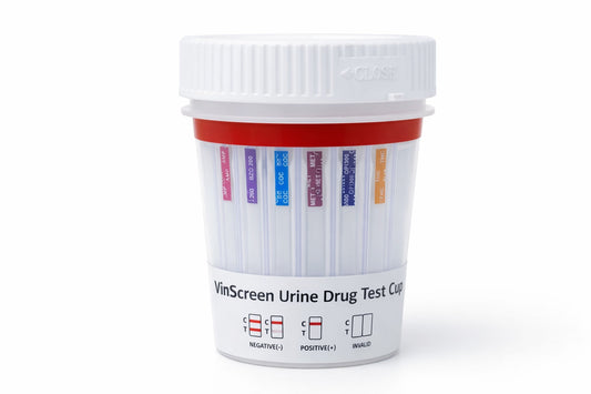 VinScreen 6-panel urine drug test cup, lid open showing the collection chamber