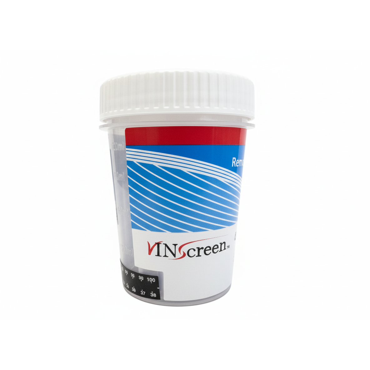 VinScreen 6-panel urine drug test cup showing the external temperature strip
